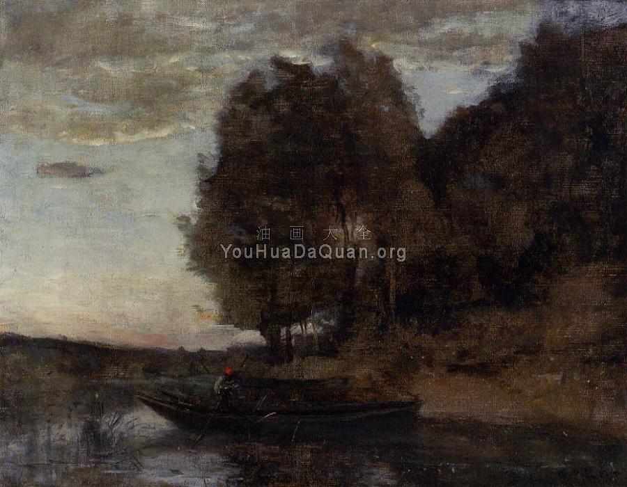 Fisherman Boating along a Wooded Landscape - 让·巴蒂斯特·卡米耶·柯罗